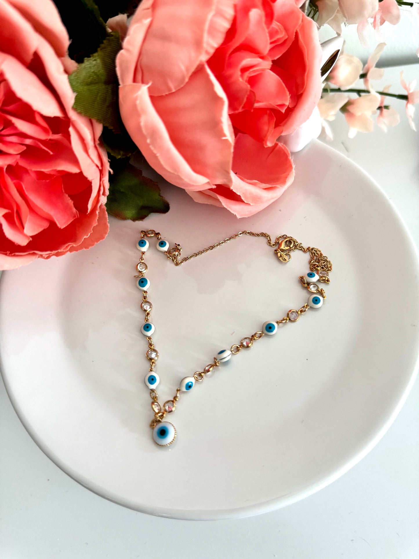 Collar con dije de ojo turco y colgantes de circonia – Bañado en oro de 18K o rodio