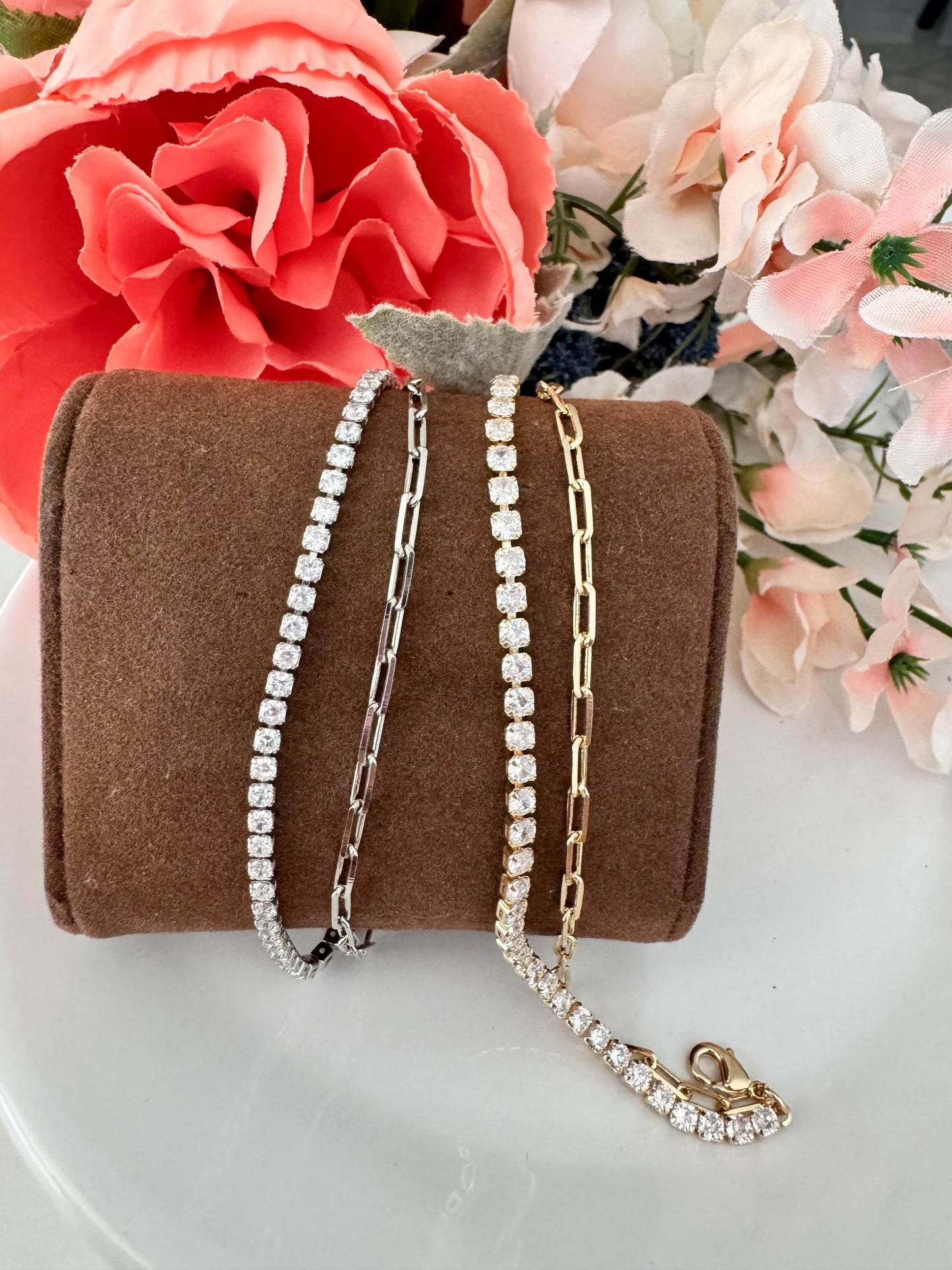 Pulsera doble con circonias y cadena tipo paperclip – Bañada en oro de 18K o rodio