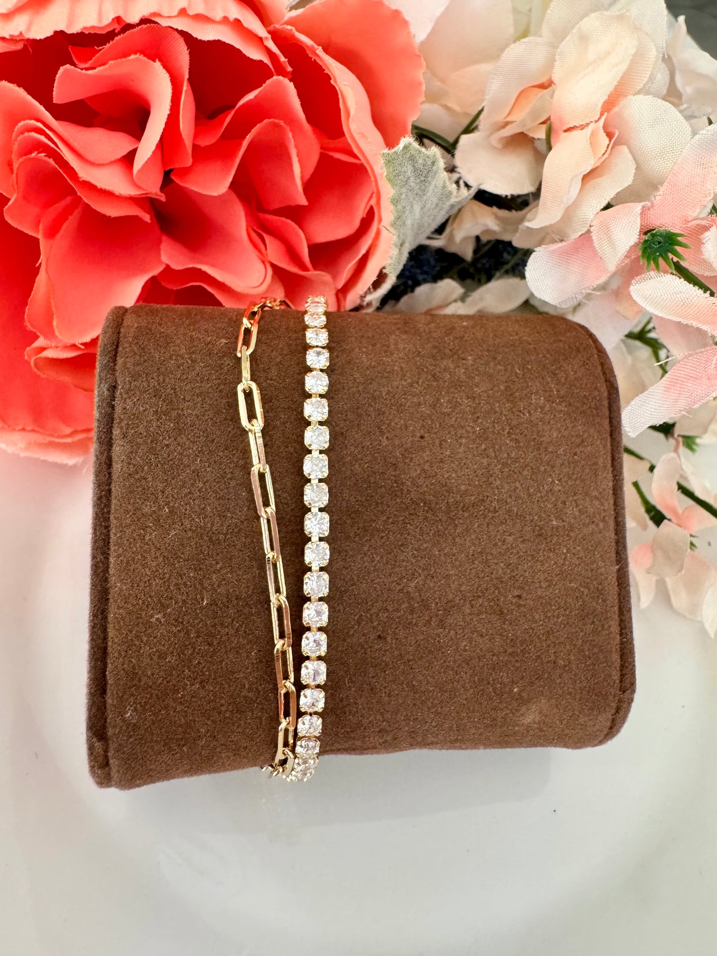 Pulsera doble con circonias y cadena tipo paperclip – Bañada en oro de 18K o rodio