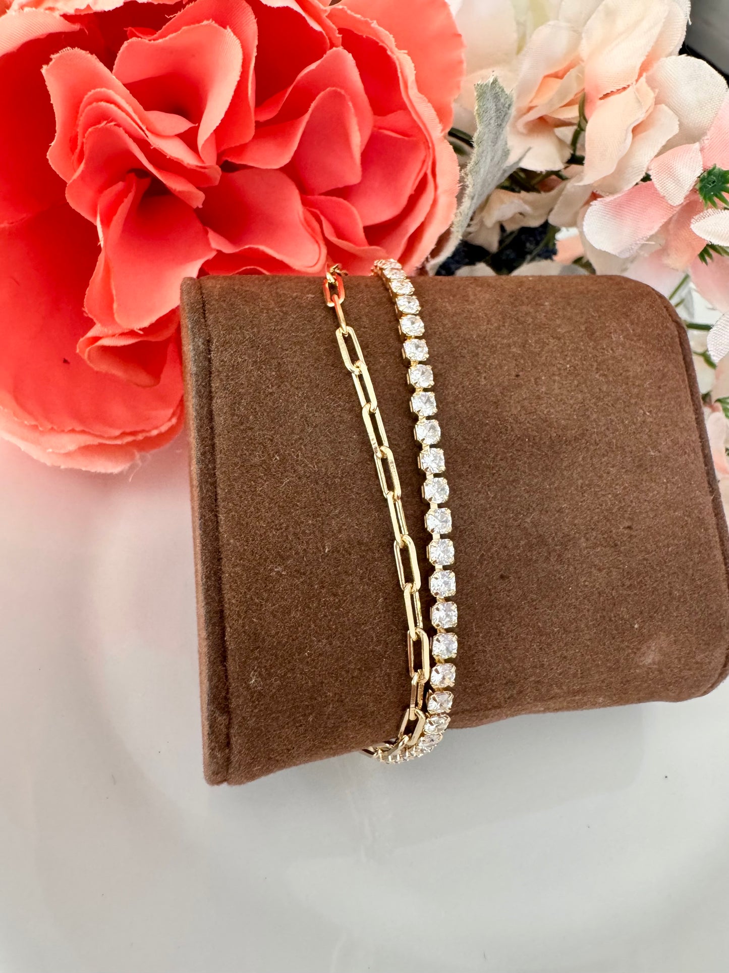 Pulsera doble con circonias y cadena tipo paperclip – Bañada en oro de 18K o rodio